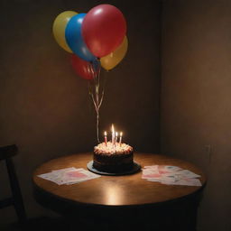 An extremely melancholic birthday scene in a dimly lit room highlighting the loneliness. A single-piece cake with a fading candle atop, surrounded by unread birthday cards and deflated balloons.