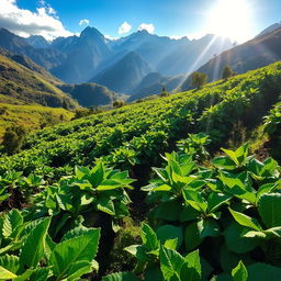 Breathtaking coca leaf plantation in the Andes, sunlit leaves, rich green foliage, majestic mountain backdrop, traditional farming methods, vibrant ecosystem, harmonious nature scene