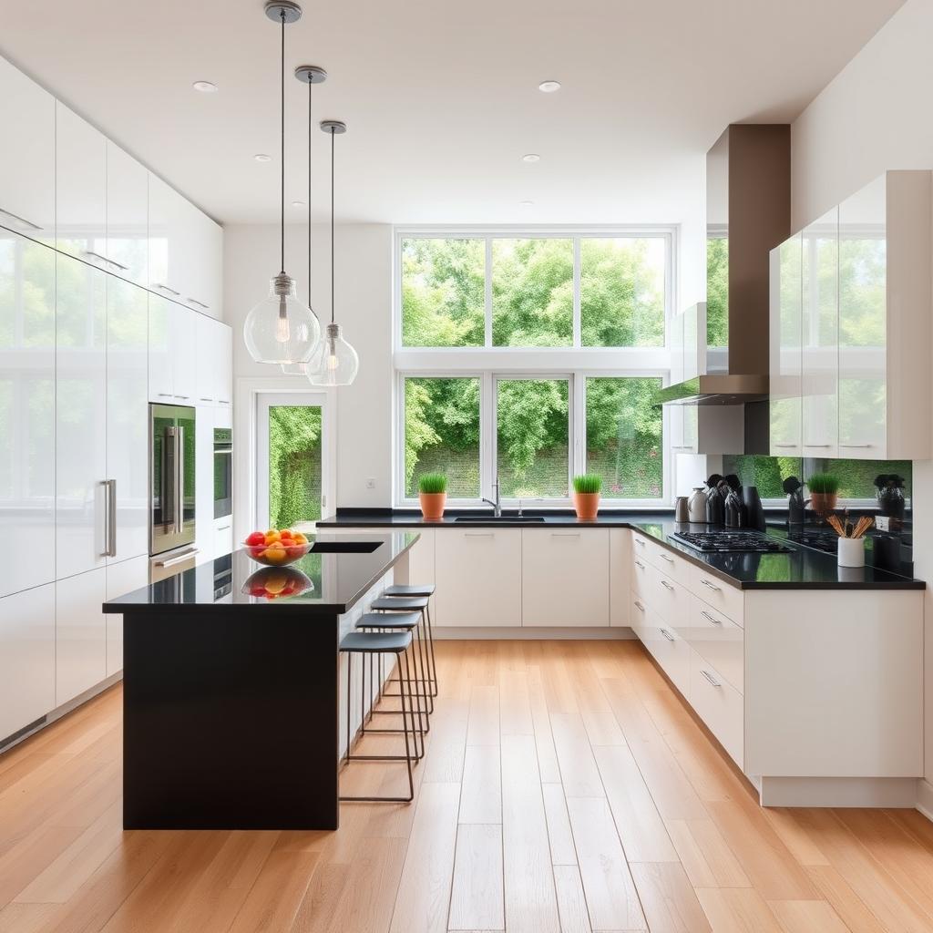 A spacious modern kitchen design with clean lines and a minimalist aesthetic