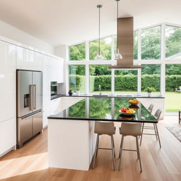 A spacious modern kitchen design with clean lines and a minimalist aesthetic