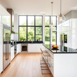 A spacious modern kitchen design with clean lines and a minimalist aesthetic