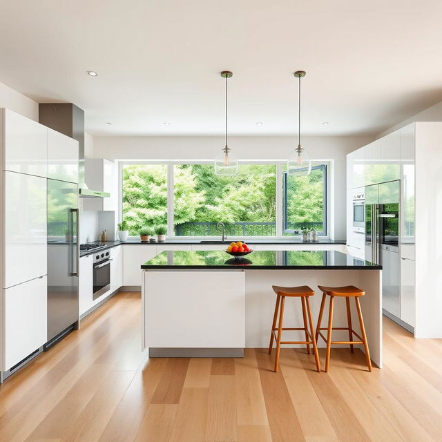 A spacious modern kitchen design with clean lines and a minimalist aesthetic