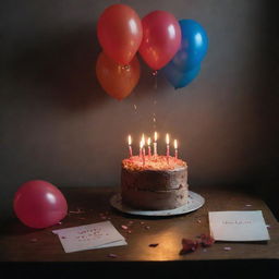 An extremely melancholic birthday scene in a dimly lit room highlighting the loneliness. A single-piece cake with a fading candle atop, surrounded by unread birthday cards and deflated balloons.