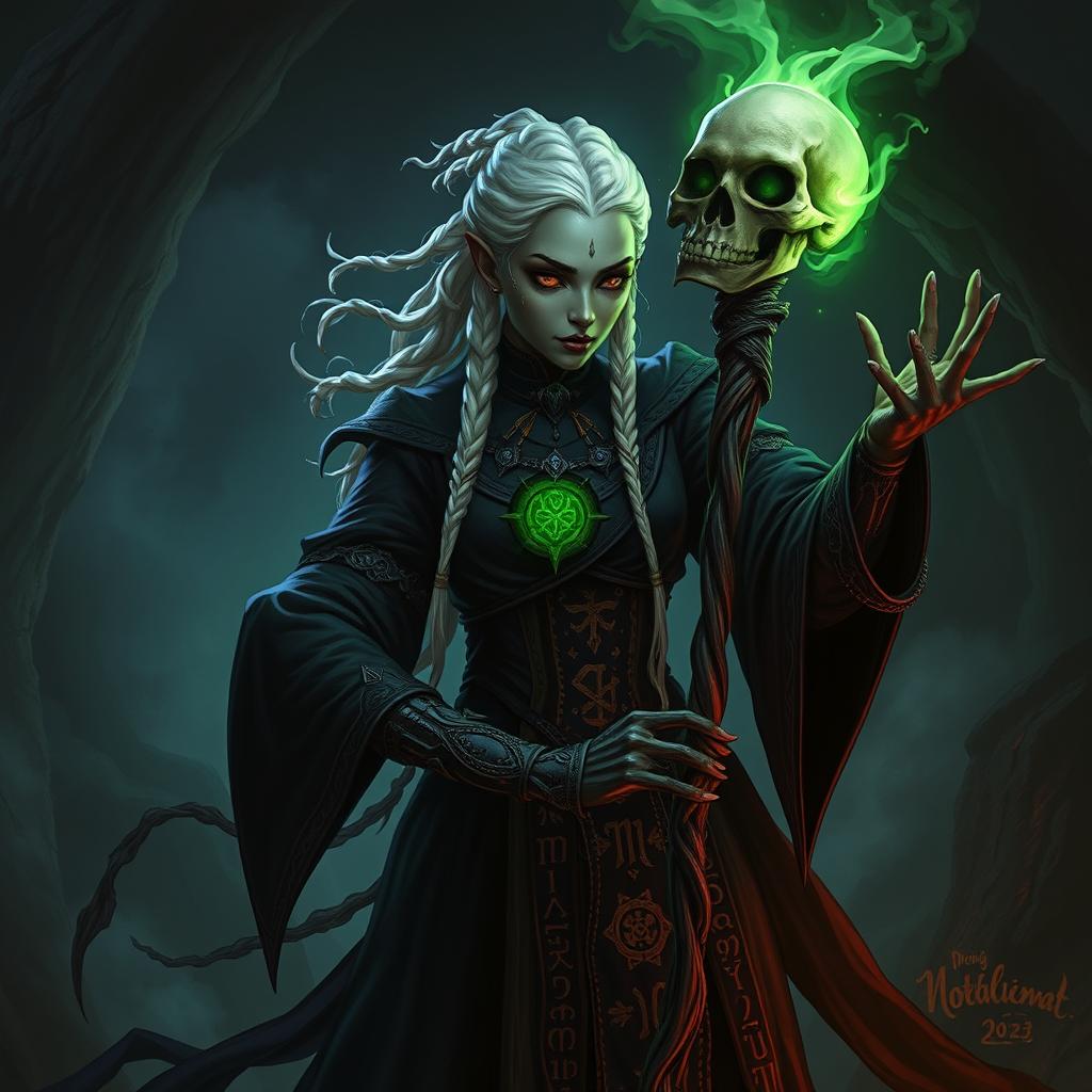 A powerful drow necromancer casting a spell