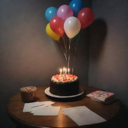 An extremely melancholic birthday scene in a dimly lit room highlighting the loneliness. A single-piece cake with a fading candle atop, surrounded by unread birthday cards and deflated balloons.