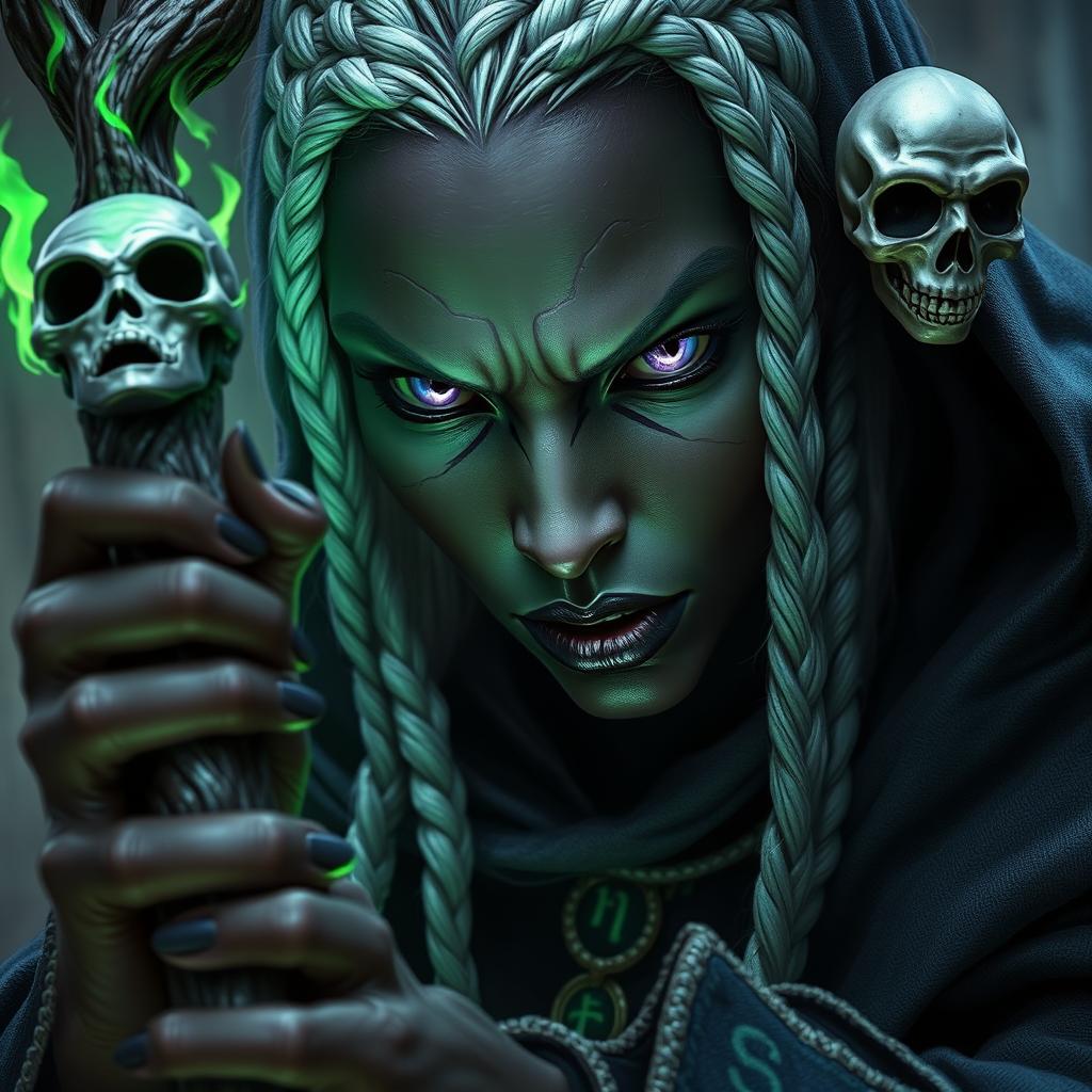 A close-up of a powerful drow necromancer casting a spell