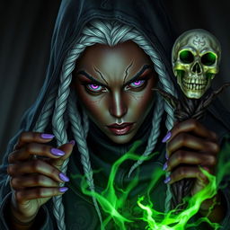 A close-up of a powerful drow necromancer casting a spell