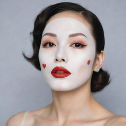 A Korean sheet mask with a makeup design inspired by the 1920's Art Deco era, featuring high, thin eyebrows, a porcelain-white complexion, bright red lipstick, vivacious round or heart-shaped blush, along with a stylish fake birthmark on the cheek, reminiscent of Marlene Dietrich and Gatsby.