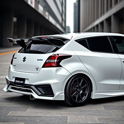 A 2023 Suzuki Baleno in white, modified with a Lamborghini Huracan-style spoiler and a wide body kit, set against a sleek urban background