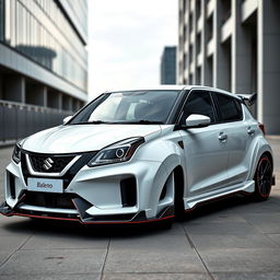 A 2023 Suzuki Baleno in white, modified with a Lamborghini Huracan-style spoiler and a wide body kit, set against a sleek urban background