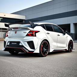 A 2023 Suzuki Baleno in white, modified with a Lamborghini Huracan-style spoiler and a wide body kit, set against a sleek urban background