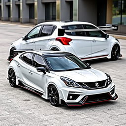 A 2023 Suzuki Baleno in white, modified with a Lamborghini Huracan-style spoiler and a wide body kit, set against a sleek urban background