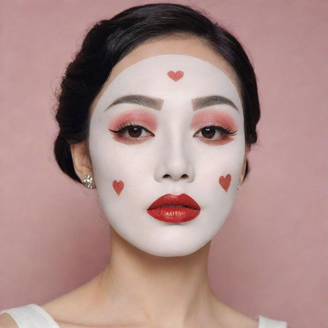 A Korean sheet mask with a makeup design inspired by the 1920's Art Deco era, featuring high, thin eyebrows, a porcelain-white complexion, bright red lipstick, vivacious round or heart-shaped blush, along with a stylish fake birthmark on the cheek, reminiscent of Marlene Dietrich and Gatsby.