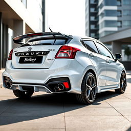 A 2023 Suzuki Baleno in white, modified with a BMW M4-style spoiler and dual tip exhaust diffusers, showcased in a modern urban setting