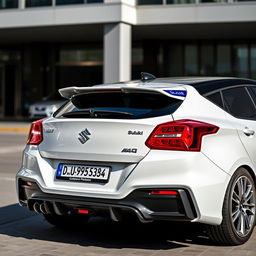 A 2023 Suzuki Baleno in white, modified with a BMW M4-style spoiler and dual tip exhaust diffusers, showcased in a modern urban setting