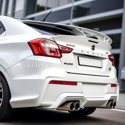 A 2023 Suzuki Baleno in white, modified with a BMW M4-style spoiler and dual tip exhaust diffusers, showcased in a modern urban setting