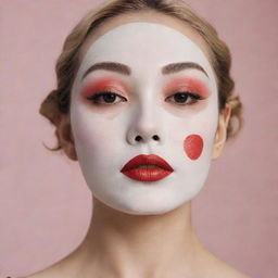 A Korean sheet mask with a makeup design inspired by the 1920's Art Deco era, featuring high, thin eyebrows, a porcelain-white complexion, bright red lipstick, vivacious round or heart-shaped blush, along with a stylish fake birthmark on the cheek, reminiscent of Marlene Dietrich and Gatsby.