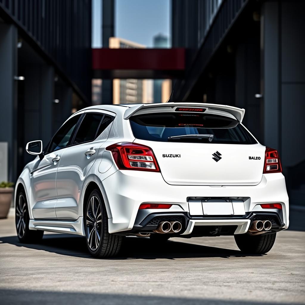 A 2023 Suzuki Baleno in white, modified with a BMW M4-style spoiler and dual tip exhaust diffusers, showcased in a modern urban setting