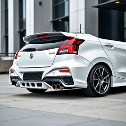 A 2023 Suzuki Baleno in pristine white, intricately modified with a BMW M4 DTM-style spoiler and dual tip exhaust diffusers, positioned in a sleek, modern urban environment