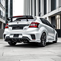 A 2023 Suzuki Baleno in pristine white, intricately modified with a BMW M4 DTM-style spoiler and dual tip exhaust diffusers, positioned in a sleek, modern urban environment