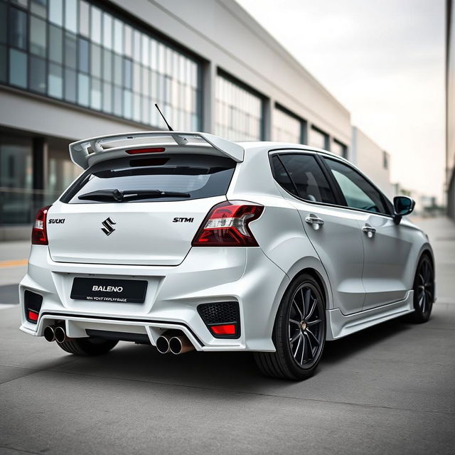 A 2023 Suzuki Baleno in pristine white, intricately modified with a BMW M4 DTM-style spoiler and dual tip exhaust diffusers, positioned in a sleek, modern urban environment