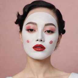 A Korean sheet mask with a makeup design inspired by the 1920's Art Deco era, featuring high, thin eyebrows, a porcelain-white complexion, bright red lipstick, vivacious round or heart-shaped blush, along with a stylish fake birthmark on the cheek, reminiscent of Marlene Dietrich and Gatsby.