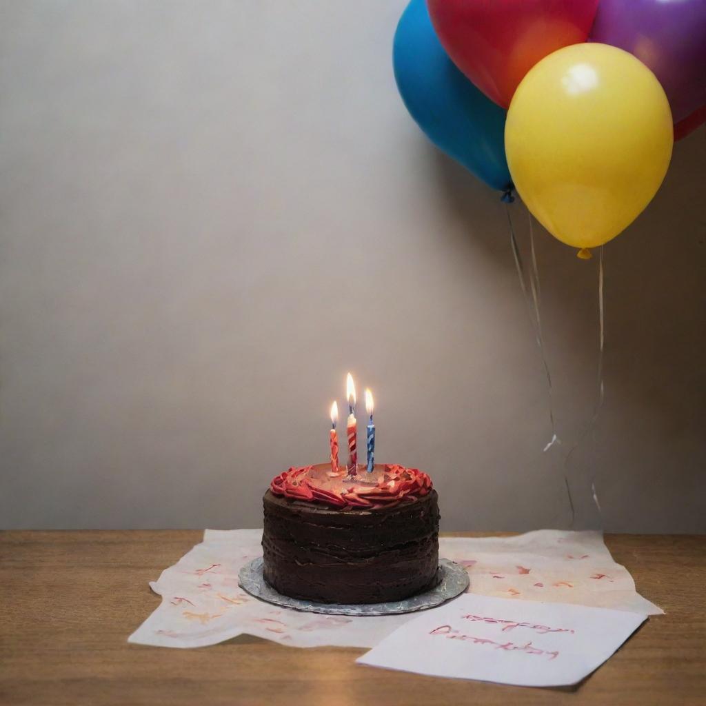 The extremely melancholic birthday scene with 'Happy Birthday' written in the dim light, casting shadows over the single piece of cake with a dying candle, surrounded by unread birthday cards and deflated balloons.