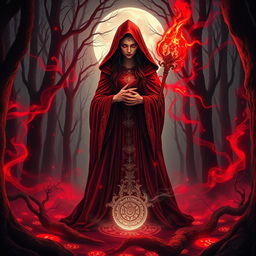 A captivating book cover featuring a mystical blood witch, standing in the center of an enchanted forest