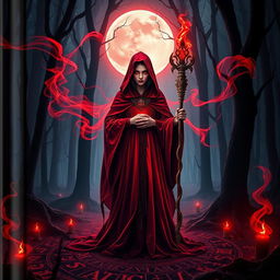 A captivating book cover featuring a mystical blood witch, standing in the center of an enchanted forest