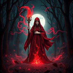 A captivating book cover featuring a mystical blood witch, standing in the center of an enchanted forest