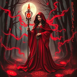 A captivating book cover featuring a mystical blood witch, standing in the center of an enchanted forest