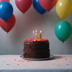 The extremely melancholic birthday scene with 'Happy Birthday' written in the dim light, casting shadows over the single piece of cake with a dying candle, surrounded by unread birthday cards and deflated balloons.