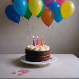 The extremely melancholic birthday scene with 'Happy Birthday' written in the dim light, casting shadows over the single piece of cake with a dying candle, surrounded by unread birthday cards and deflated balloons.