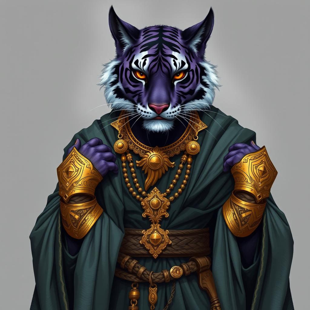 A dark purple tiger-like tabaxi warlock male, characterized by striking tiger stripes