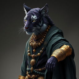 A dark purple tiger-like tabaxi warlock male, characterized by striking tiger stripes