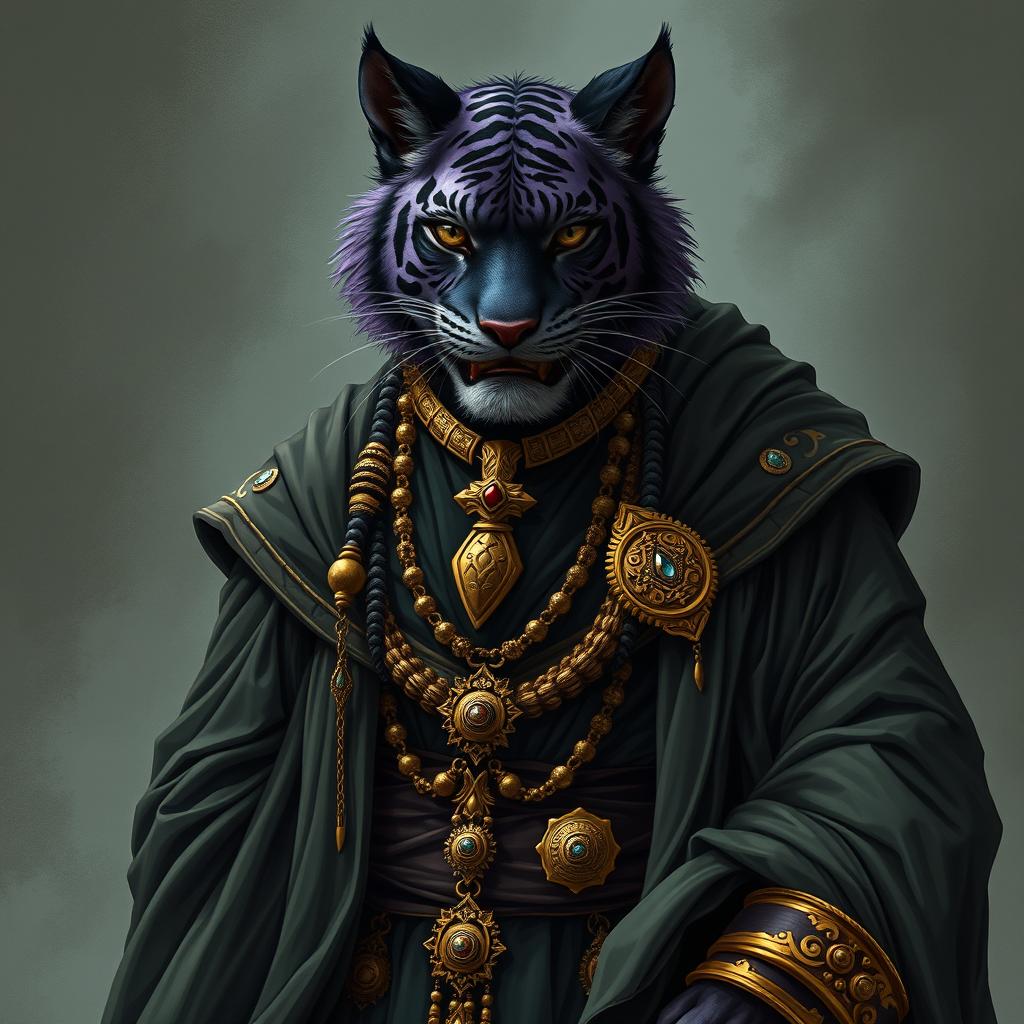 A dark purple tiger-like tabaxi warlock male, characterized by striking tiger stripes