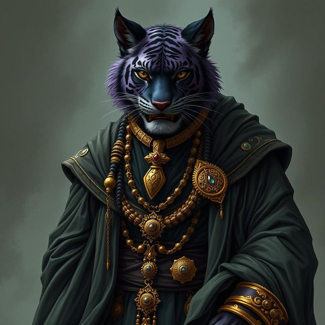 A dark purple tiger-like tabaxi warlock male, characterized by striking tiger stripes