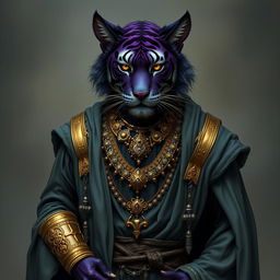 A dark purple tiger-like tabaxi warlock male, characterized by striking tiger stripes