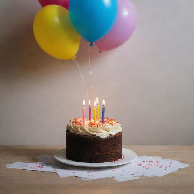 The extremely melancholic birthday scene with 'Happy Birthday' written in the dim light, casting shadows over the single piece of cake with a dying candle, surrounded by unread birthday cards and deflated balloons.