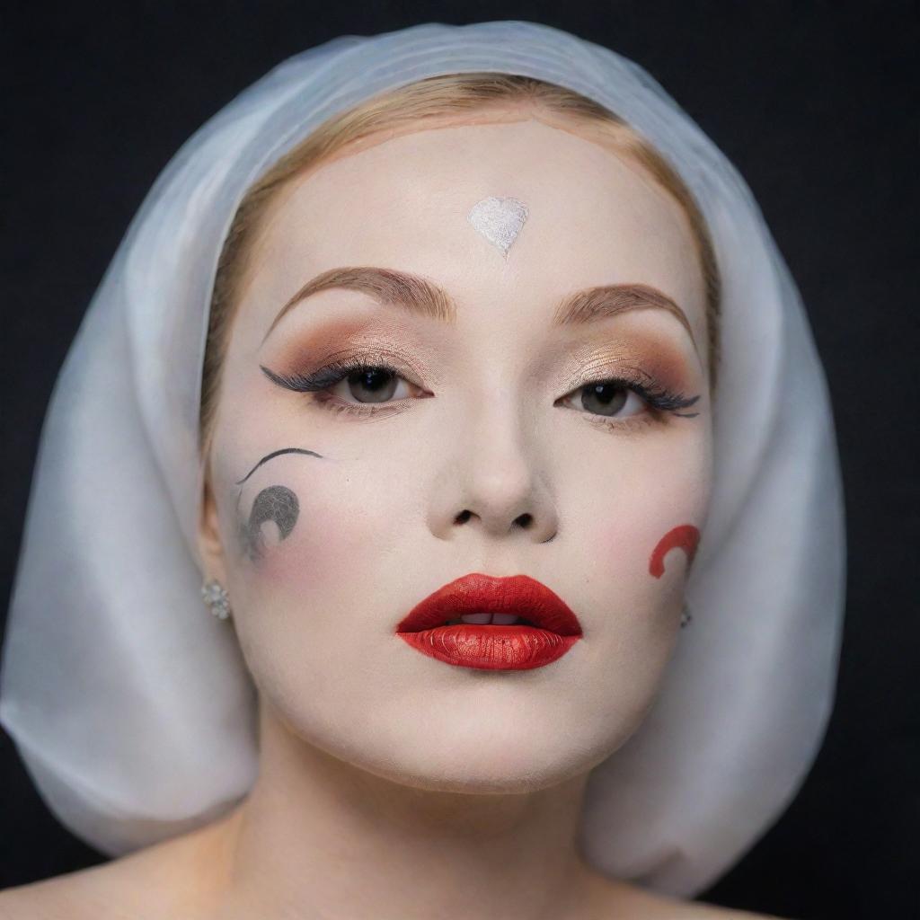 A Korean sheet mask adorned with a 1920's Art Deco inspired makeup design, including high, thin eyebrows in the style of Marlene Dietrich, a porcelain-white complexion, bold red lipstick, expressive round or heart-shaped blush, and a refined fake mole on the cheek.