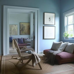 A room aglow with soft, warm light, featuring calming blue walls hung with intriguing art. Plush rugs layered over a wooden floor lead to a cozy seating area with oversized chairs and a generously sized sofa. A scent of lavender permeates the inviting atmosphere.