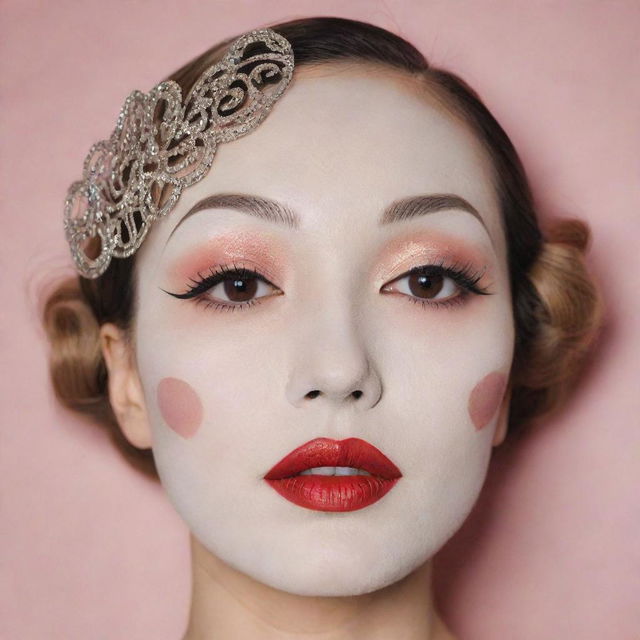 A Korean sheet mask adorned with a 1920's Art Deco inspired makeup design, including high, thin eyebrows in the style of Marlene Dietrich, a porcelain-white complexion, bold red lipstick, expressive round or heart-shaped blush, and a refined fake mole on the cheek.