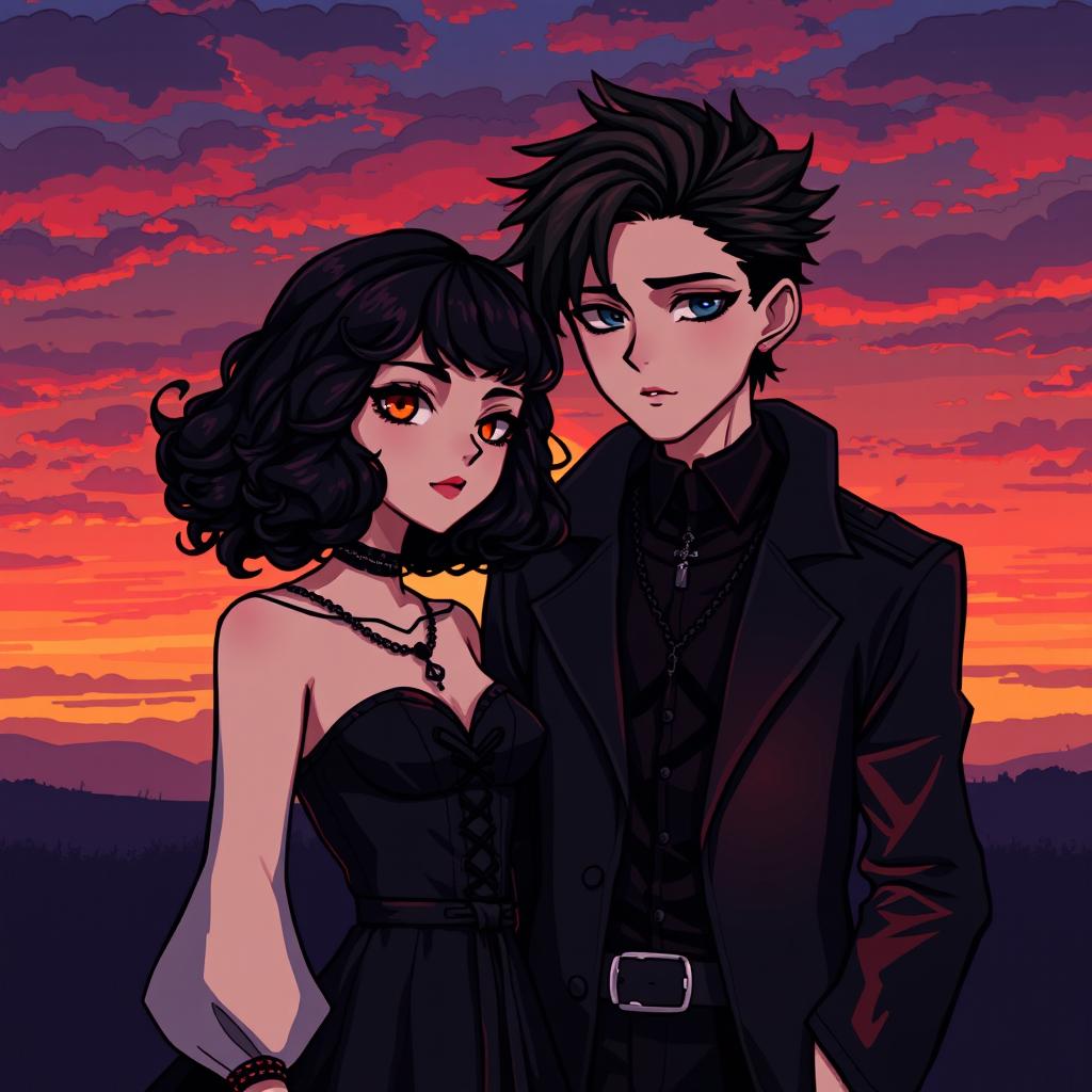 pixel art couple standing together, a girl with curly bob hair and a gothic aesthetic wearing dark, stylish clothing, and a guy with a matching gothic look, both standing against a beautiful sunset backdrop