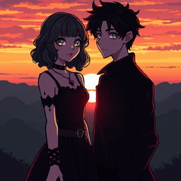 pixel art couple standing together, a girl with curly bob hair and a gothic aesthetic wearing dark, stylish clothing, and a guy with a matching gothic look, both standing against a beautiful sunset backdrop