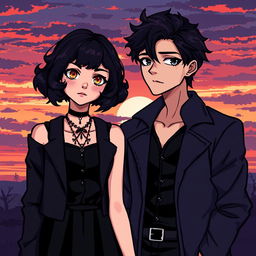 pixel art couple standing together, a girl with curly bob hair and a gothic aesthetic wearing dark, stylish clothing, and a guy with a matching gothic look, both standing against a beautiful sunset backdrop