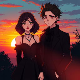 pixel art couple standing together, a girl with curly bob hair and a gothic aesthetic wearing dark, stylish clothing, and a guy with a matching gothic look, both standing against a beautiful sunset backdrop