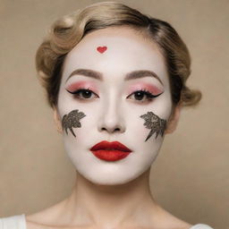 A Korean sheet mask adorned with a 1920's Art Deco inspired makeup design, including high, thin eyebrows in the style of Marlene Dietrich, a porcelain-white complexion, bold red lipstick, expressive round or heart-shaped blush, and a refined fake mole on the cheek.