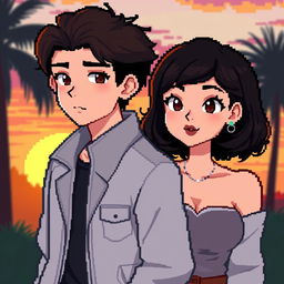 pixel art couple standing together, a girl with curly bob hair wearing fashionable clothing, and a guy with a stylish look, both standing against a stunning sunset backdrop