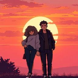 pixel art couple standing together, a girl with curly bob hair wearing fashionable clothing, and a guy with a stylish look, both standing against a stunning sunset backdrop