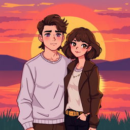 pixel art couple standing together, a girl with curly bob hair wearing fashionable clothing, and a guy with a stylish look, both standing against a stunning sunset backdrop